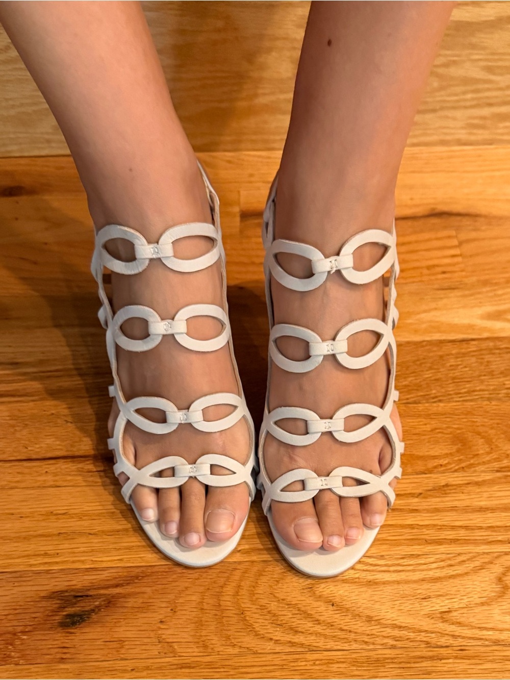 Vince Camuto White Strappy Link-Trim Heeled Sandals